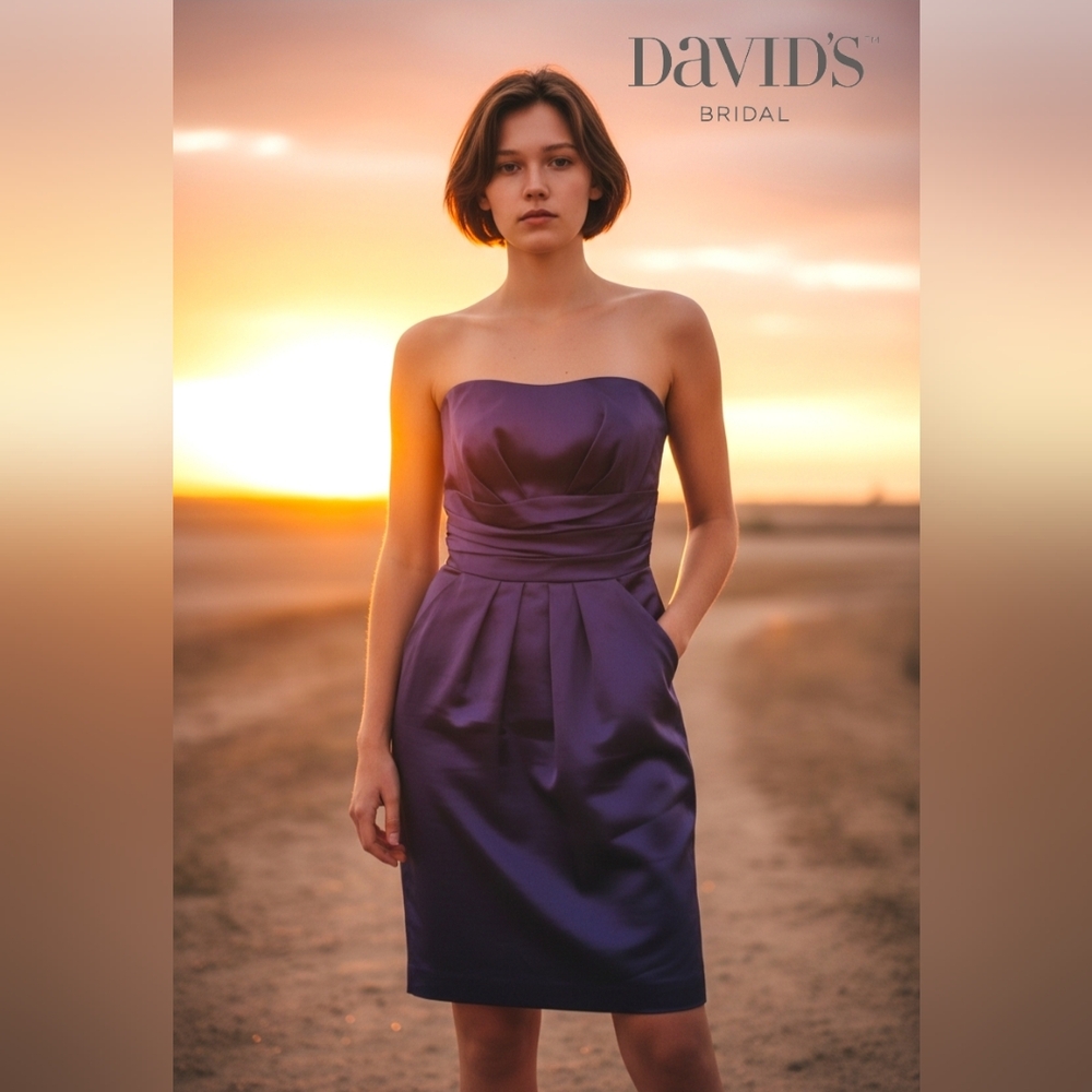 David's Bridal Black Satin Strapless Mini Party Dress Ruched Waist Back Zip Sz 4